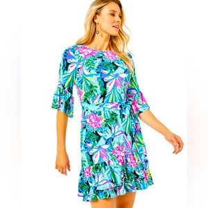 Lilly Pulitzer Floral KASSI WRAP RUFFLE DRESS ZANZIBAR BLUE BUNNY BUSINESS NEW